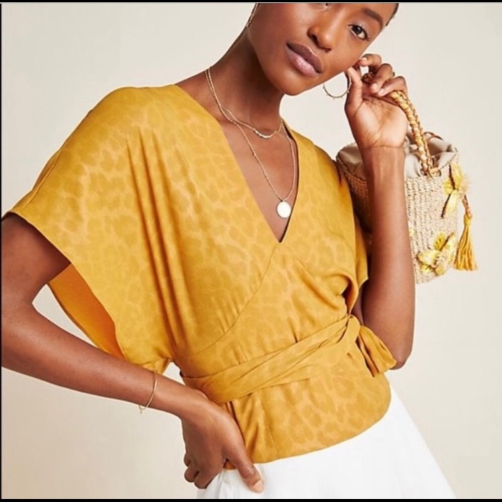 Anthropologie Mustard Bat Sleeve Wrap Blouse